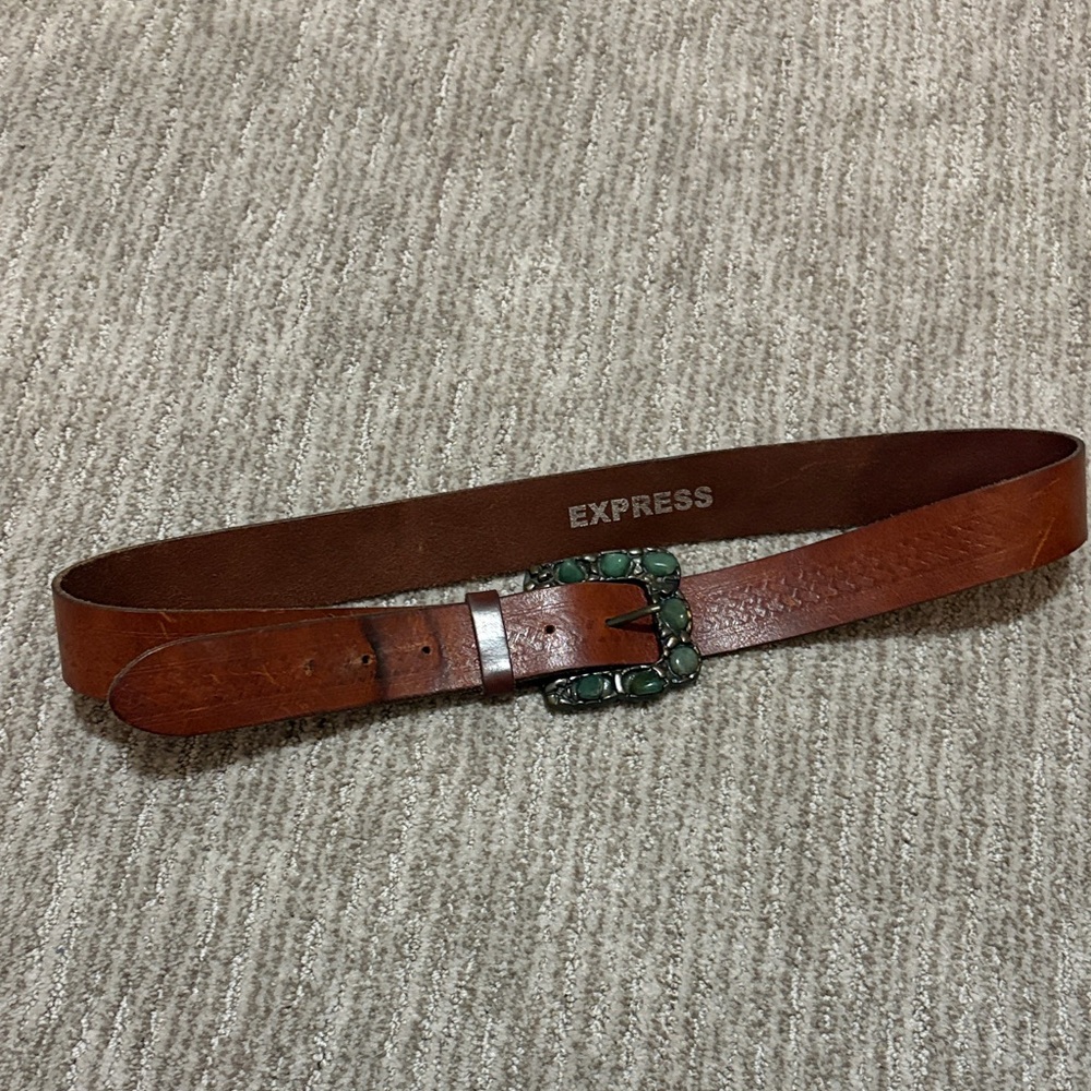 Express Brown Leather Belt with Green Buckle